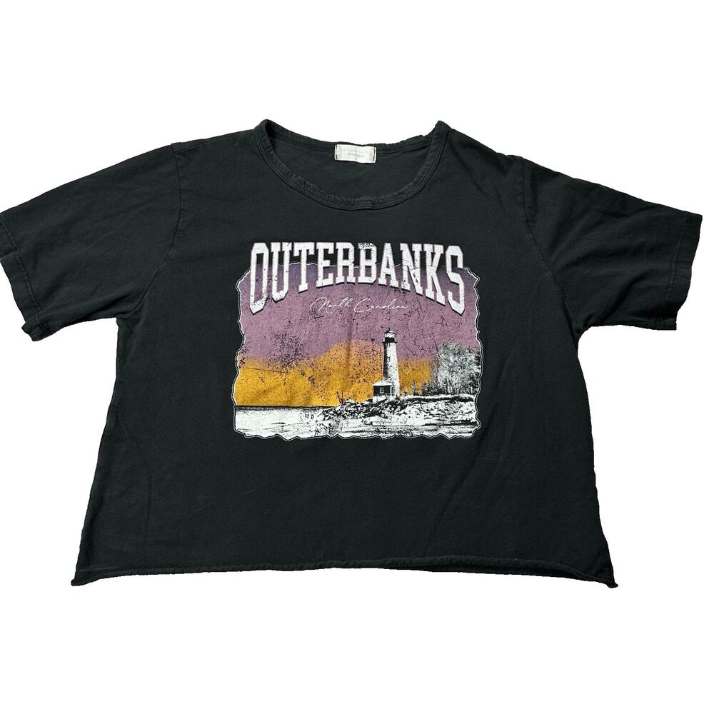 Altar'd State Crop Tee Womens M Outer Banks NC Graphic Short Sleeve Black